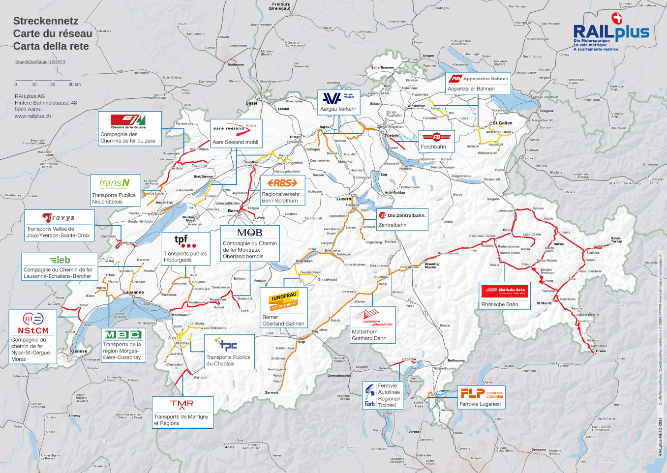 Karte der Schweiz mit den RAILplus-Mitgliedern.